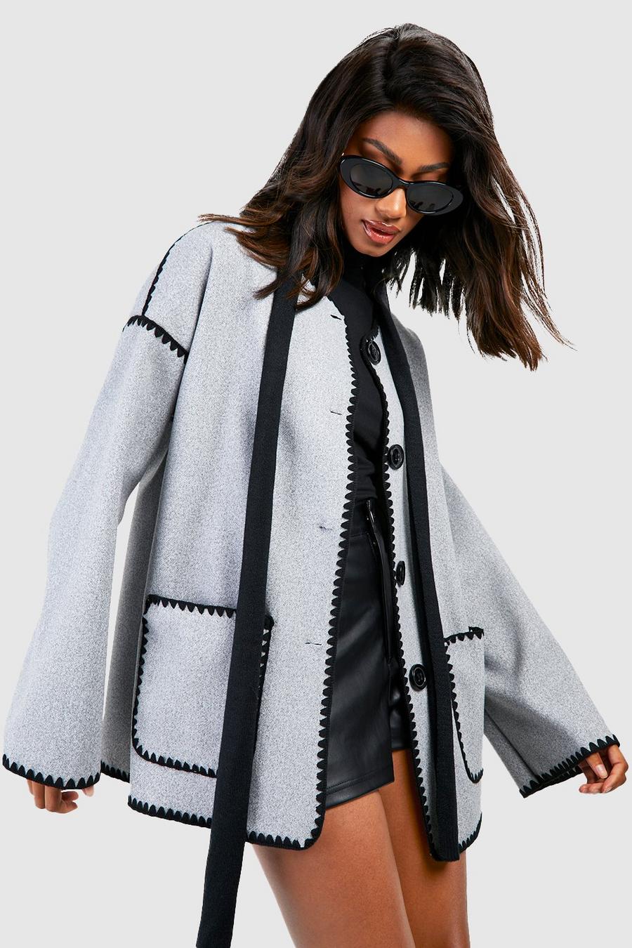 Contrast Blanket Stitch Wool Look Jacket | boohoo USA Contrast Blanket Stitch Wool Look Jacket | boohoo USA